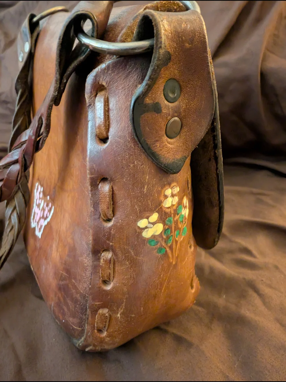 Vintage 1970s Brown Floral Hand-Painted Leather Bag
